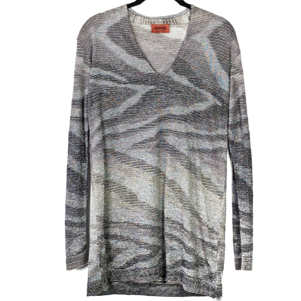Missoni thin knit gray long sleeved mini dress or tunic top wood grain pattern